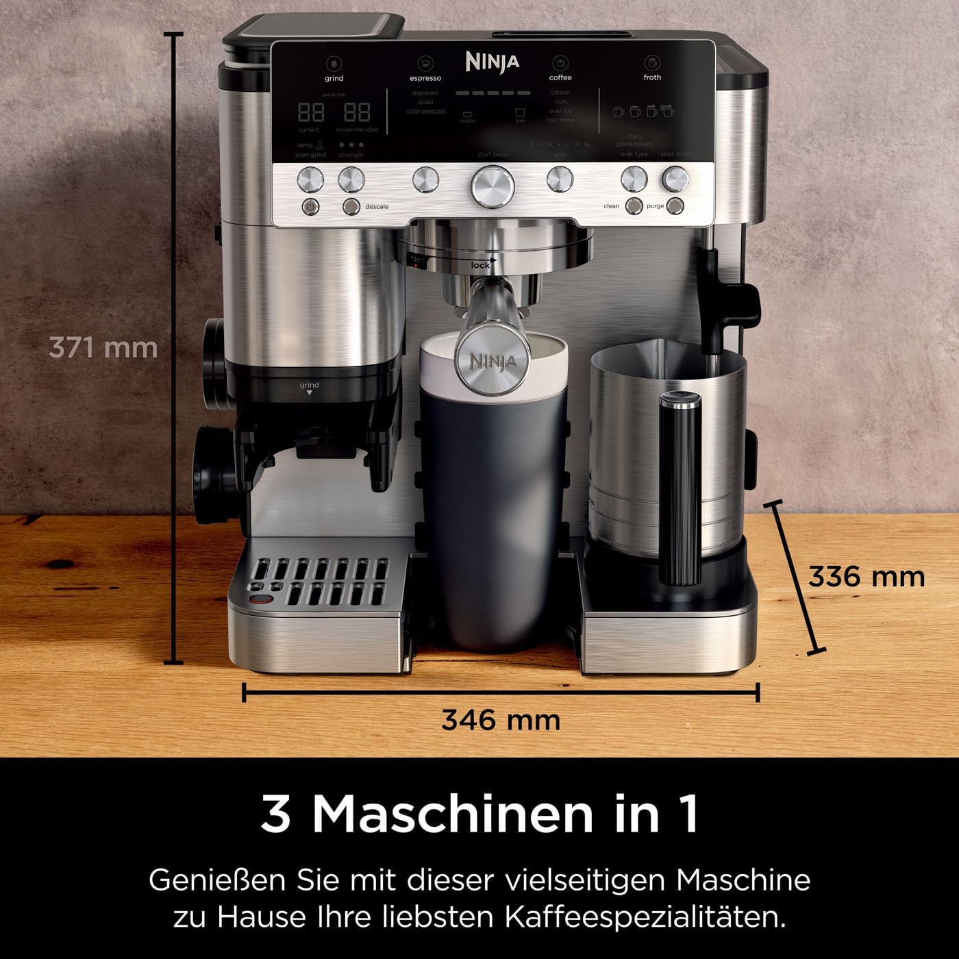 Ninja Luxe Premier 3-in-1-Kaffeemaschine mit Mahlwerk und Aufschäumer für Latte, Cappuccino, Cold Brew & Espresso, einfache Handhabung, 4 Voreinstellungen zum Aufschäumen, Silber, ES601EU