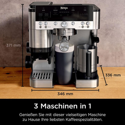 Ninja Luxe Premier 3-in-1-Kaffeemaschine mit Mahlwerk und Aufschäumer für Latte, Cappuccino, Cold Brew & Espresso, einfache Handhabung, 4 Voreinstellungen zum Aufschäumen, Silber, ES601EU