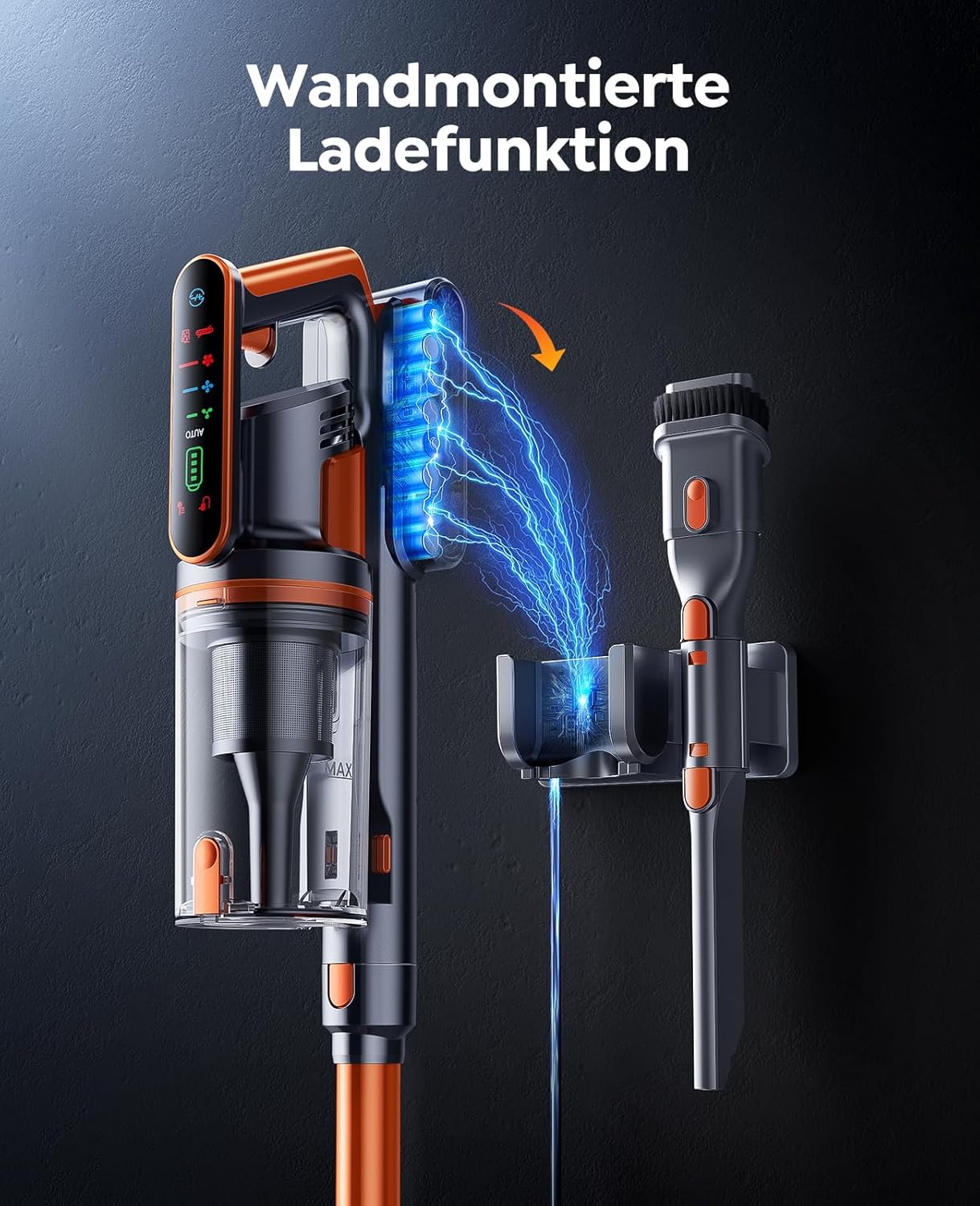 Fieety Akku Staubsauger, 45KPa/550W/60Min Staubsauger Kabellos mit Wandmontierte Ladestation, Aromatherapie, Automatikmodus, Touchscreen, 1M Ausziehbarer Schlauch für Hartböden Teppiche Tierhaare Auto