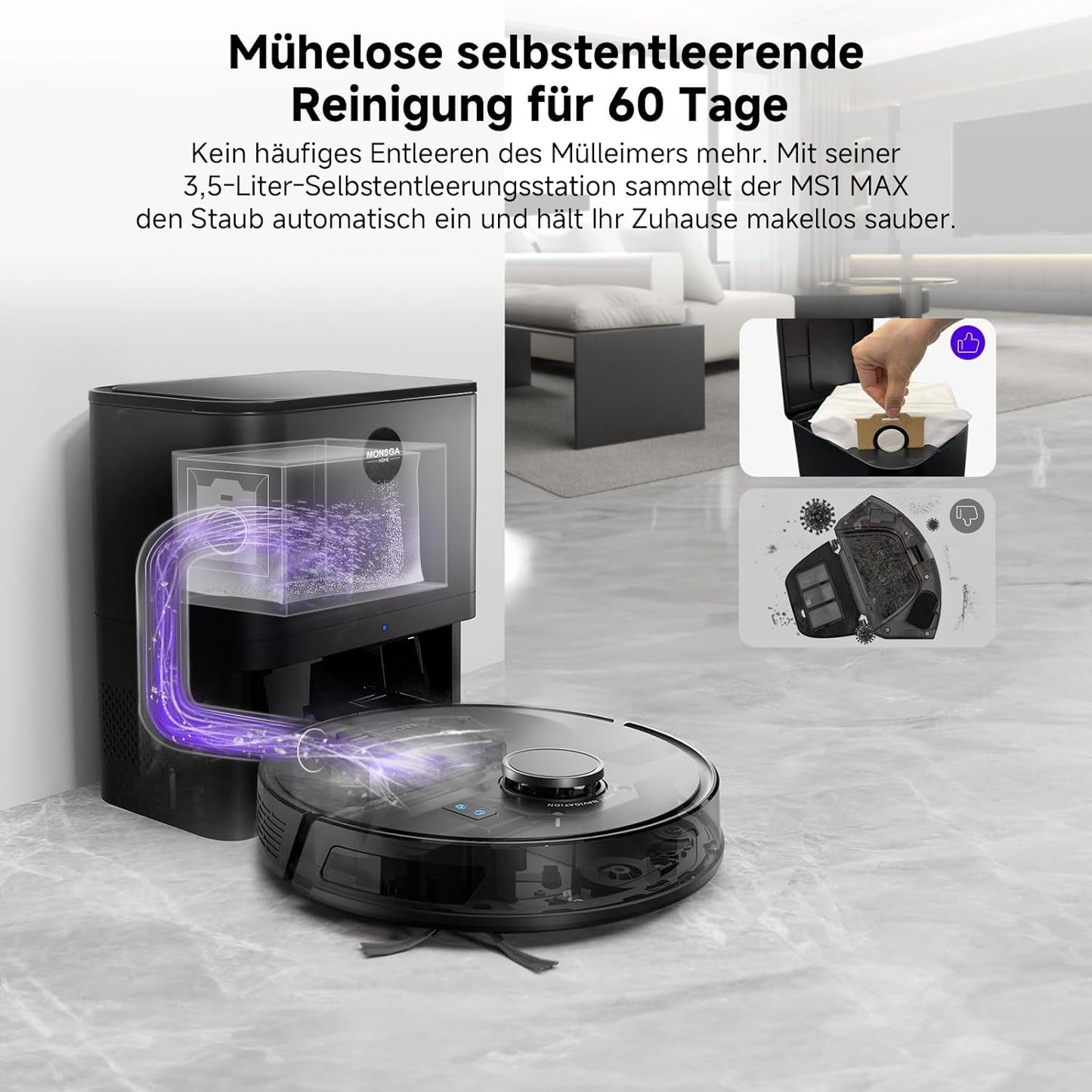 MONSGA Saugroboter mit Wischfunktion, 3.5L Staubsauger Roboter mit Absaugstation, 5000Pa Saugkraft, 180Min Laufzeit, LiDAR Navigation, Starke Saugkraft ideal für Teppich und Tierhaare, APP Steuerung