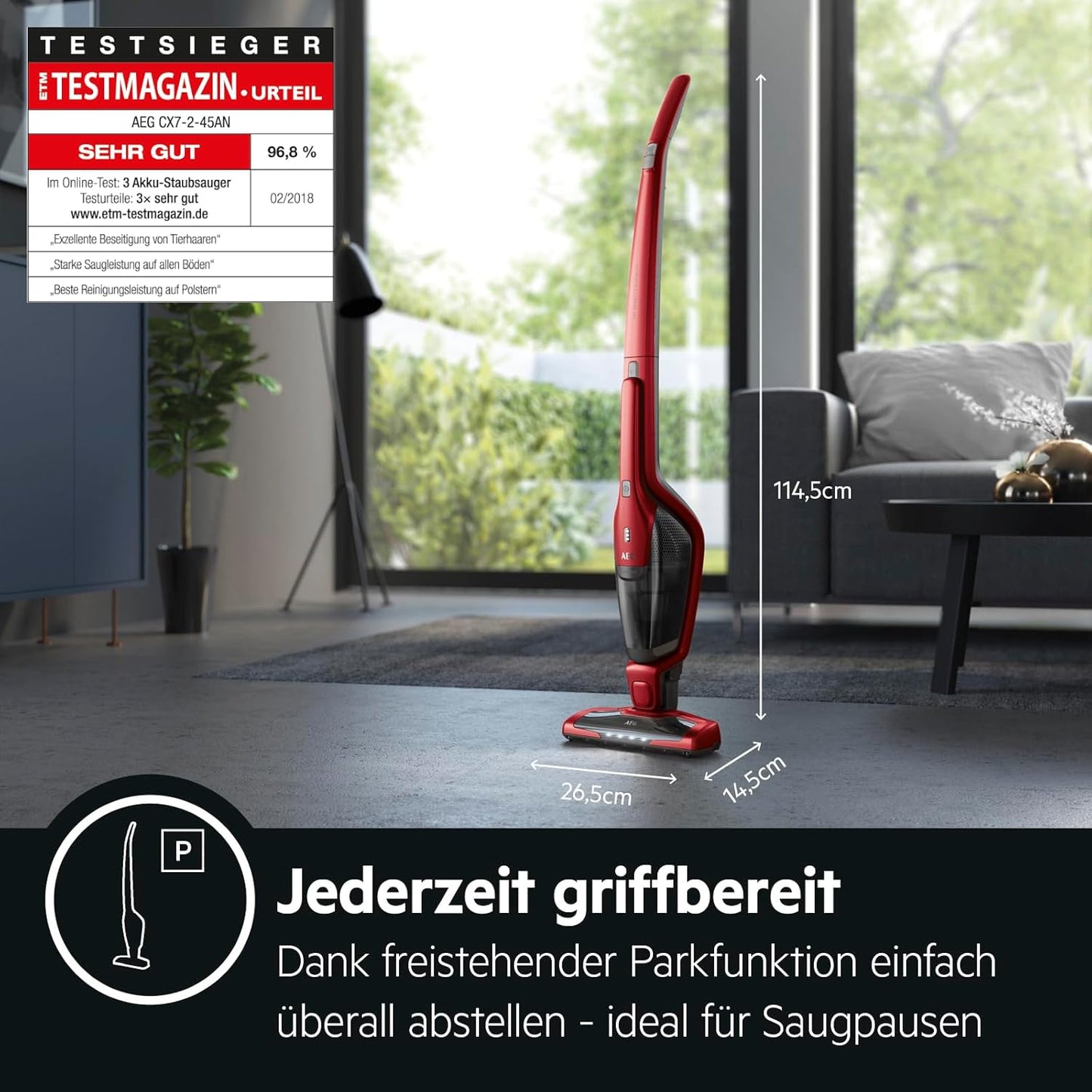 AEG Ergorapido 2in1 Akku Staubsauger, Beutellos, inkl. Tierhaardüse, bis zu 45 Min. Laufzeit, Freistehend, 180° Drehgelenk, Bürstenreinigungsfunktion, LED-Frontlichter, Rot, CX7-2-45AN