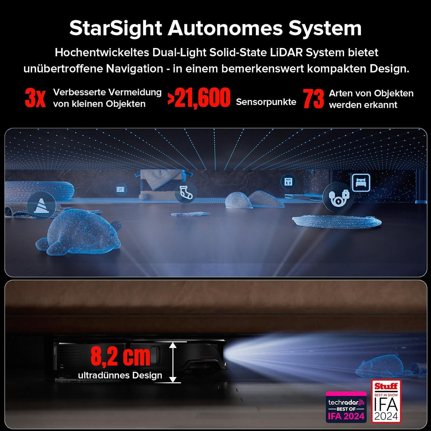 roborock Qrevo Slim Saugroboter mit Wischfunktion – 8,2 cm Ultra-Slim Design, StarSight 3D ToF Navigation, 11,000Pa HyperForce Saugleistung, 8-in-1 Dock, FlexiArm Seitenbürste