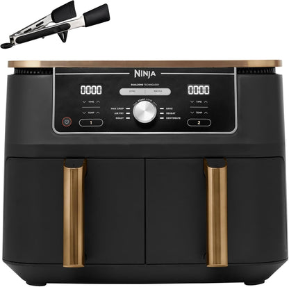 Ninja Foodi MAX Dual Zone Heißluftfritteuse, 9,5L Airfryer, 2 Fächer, mit Zange, Antihaftbeschichtung, spülmaschinenfeste Körbe, 6-in-1, Amazon Exklusiv, Kupfer/Schwarz, AF400EUCP