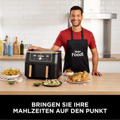 Ninja Foodi MAX Dual Zone Heißluftfritteuse, 9,5L Airfryer, 2 Fächer, mit Zange, Antihaftbeschichtung, spülmaschinenfeste Körbe, 6-in-1, Amazon Exklusiv, Kupfer/Schwarz, AF400EUCP