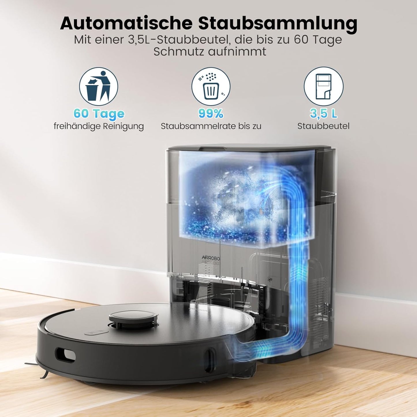 AIRROBO T20+ Saugroboter mit Wischfunktion, 3.5L Staubsauger Roboter mit Absaugstation, 180Min Laufzeit, LiDAR Navigation, Starke Saugkraft ideal für Teppich und Tierhaare, APP Steuerung