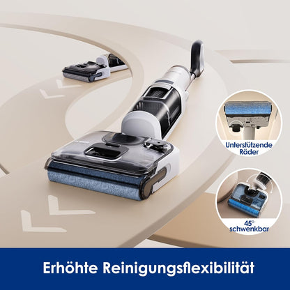 Tineco Floor One Stretch S6 Nass Trockensauger, 180°-Flachdesign Saugwischer 13cm Liegehöhe, 70°C 5min FlashDry Selbstreinigung, 3-Seitige Kantenreinigung 40min Laufzeit Reinigung unter tiefen Möbeln
