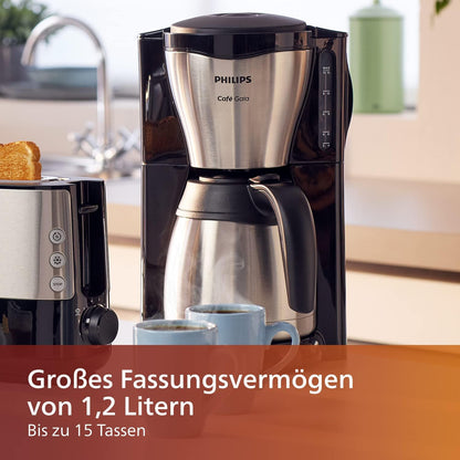 Philips Café Gaia Filterkaffeemaschine – Edelstahl-Thermoskanne, Tropf-Stopp, Intensives Aroma, Automatische Abschaltung, 1.300 ml, Schwarz (HD7546/20)