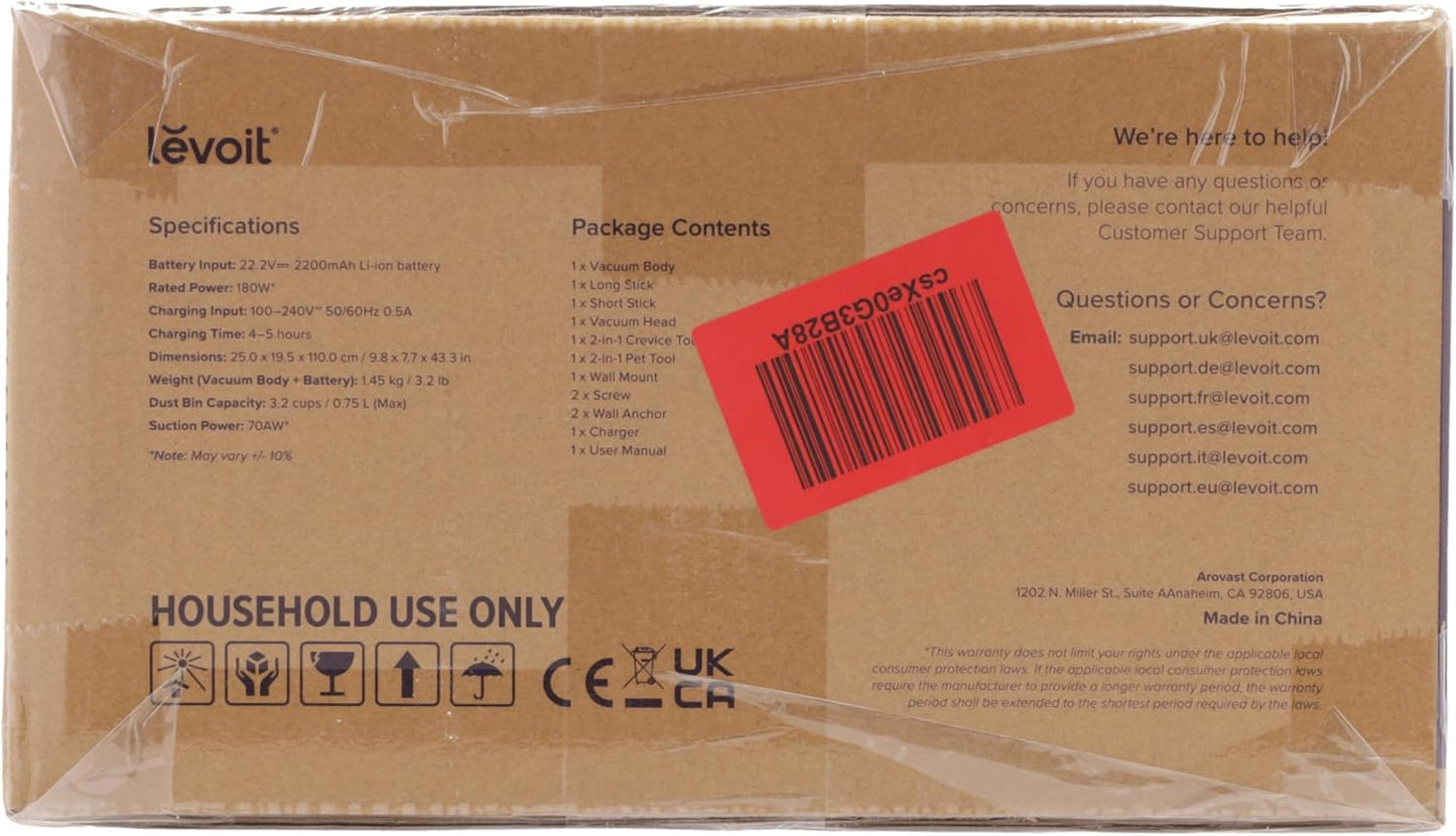 Levoit - Akku Staubsauger mit Tierhaardüse - Anti Haar Wrap - 4-in-1 Kabelloser Akkustaubsauger - 99,9 Prozent Filterleistung - Beutelloser Akkusauger für Teppich/Hartböden/Auto - max 50 min Laufzeit