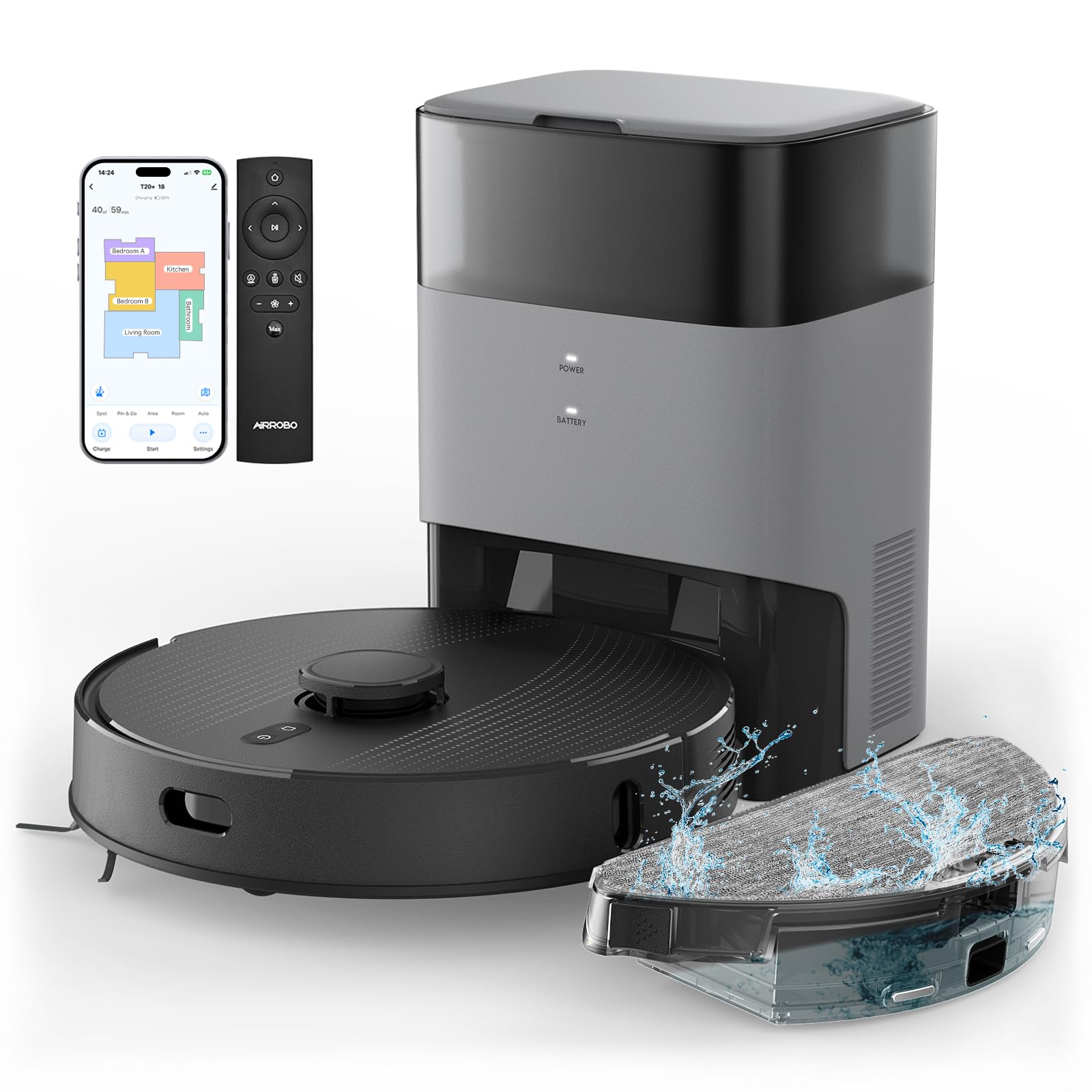 AIRROBO T20+ Saugroboter mit Wischfunktion, 3.5L Staubsauger Roboter mit Absaugstation, 180Min Laufzeit, LiDAR Navigation, Starke Saugkraft ideal für Teppich und Tierhaare, APP Steuerung