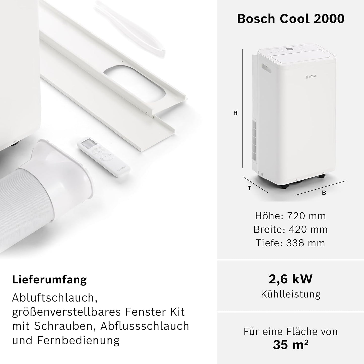 Bosch Cool 2000 Mobiles Klimagerät - 3-in-1: Klimagerät, Luftentfeuchter, Ventilator - 2,6 kW Kühlleistung für Räume bis zu 35m² - Auto-Modus, Silent-Modus & Sleep-Modus