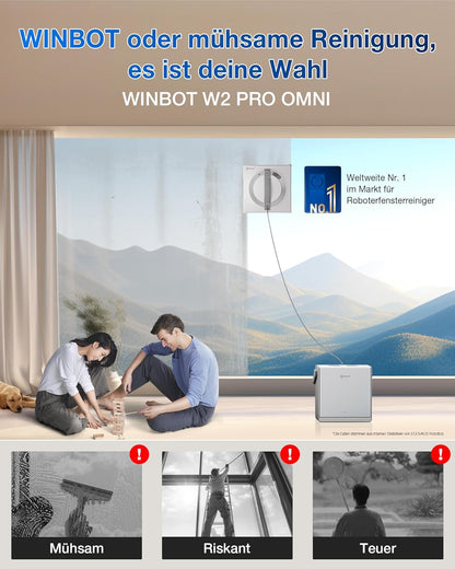 ECOVACS WINBOT W2 PRO Omni Fensterputzroboter mit 6-in-1 Multifunktionsstation, Aufladen im Betrieb, 3-Düsen-Sprühkopf, 12-Stufen-Schutz, Win-SLAM 4.0 Pfadplanung, Weiß
