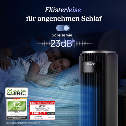 Levoit - Ventilator Leise - Turmventilator mit Kühlung - Tower Fan mit Fernbedienung - Oszillierender Säulenventilator mit Fortschrittlichem Schlafmodu - 5 Geschwindigkeiten 4 Modi 12Std Timer - Grau