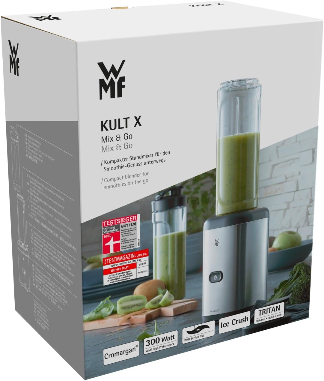 WMF Kult X Mix & Go Mini Smoothie Maker, Standmixer, Blender elektrisch, Shake Mixer 300 Watt Leistung, Tritan-Kunststoff Flasche 600ml, auslaufsicherer Schraubdeckel, rutschfeste Füße, Silber/Schwarz