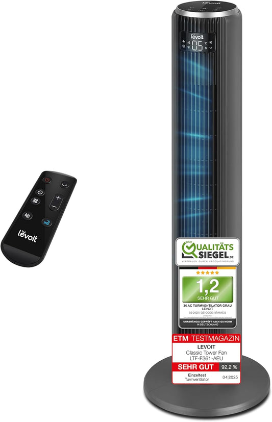 Levoit - Ventilator Leise - Turmventilator mit Kühlung - Tower Fan mit Fernbedienung - Oszillierender Säulenventilator mit Fortschrittlichem Schlafmodu - 5 Geschwindigkeiten 4 Modi 12Std Timer - Grau