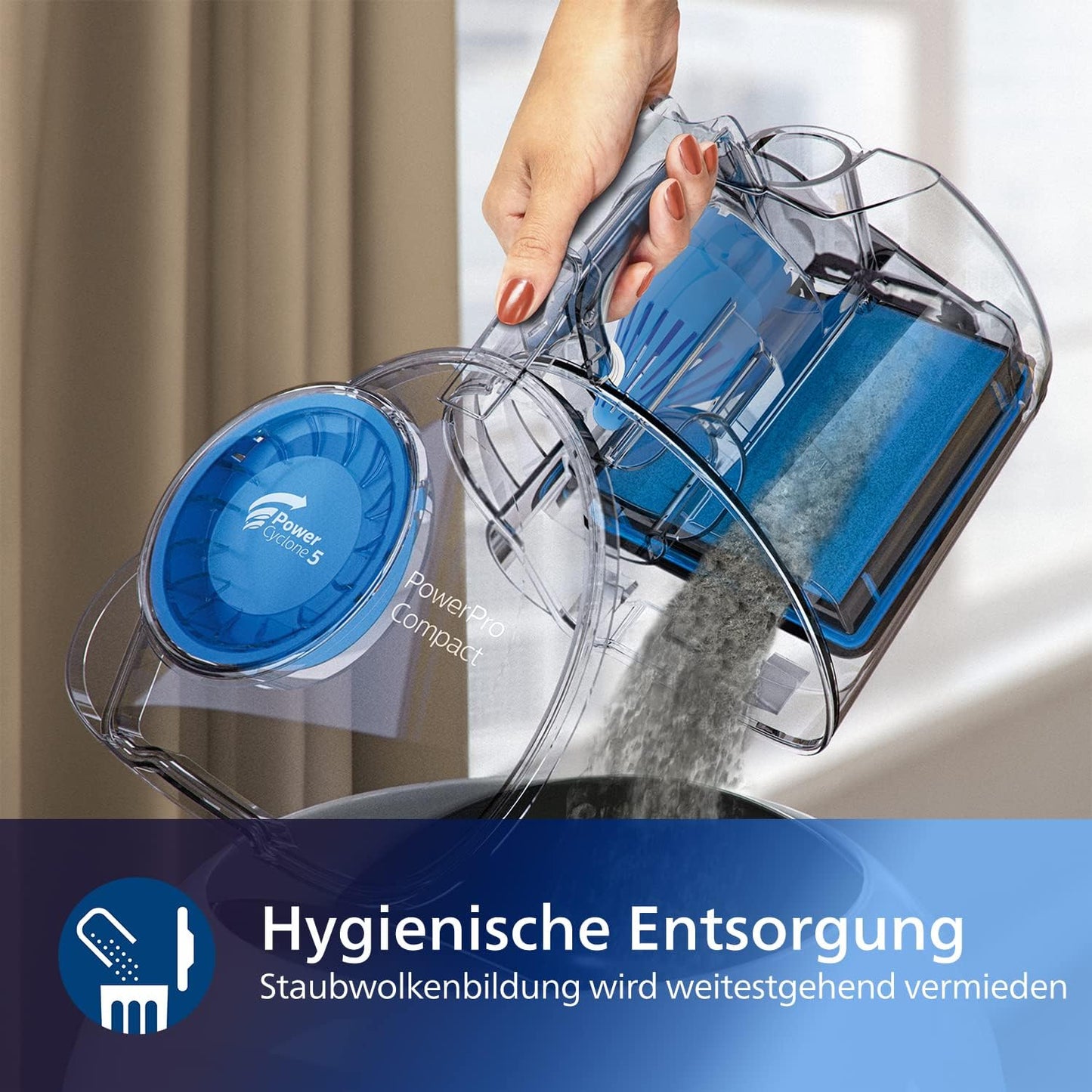 Philips PowerPro Compact Staubsauger – Leicht, Kabellos und Beutellos, 900 W Saugleistung, TriActive Düse Für Hartböden und Teppich, Allergy H13 HEPA-Filter, PowerCyclone 5 Technologie (FC9332/09)