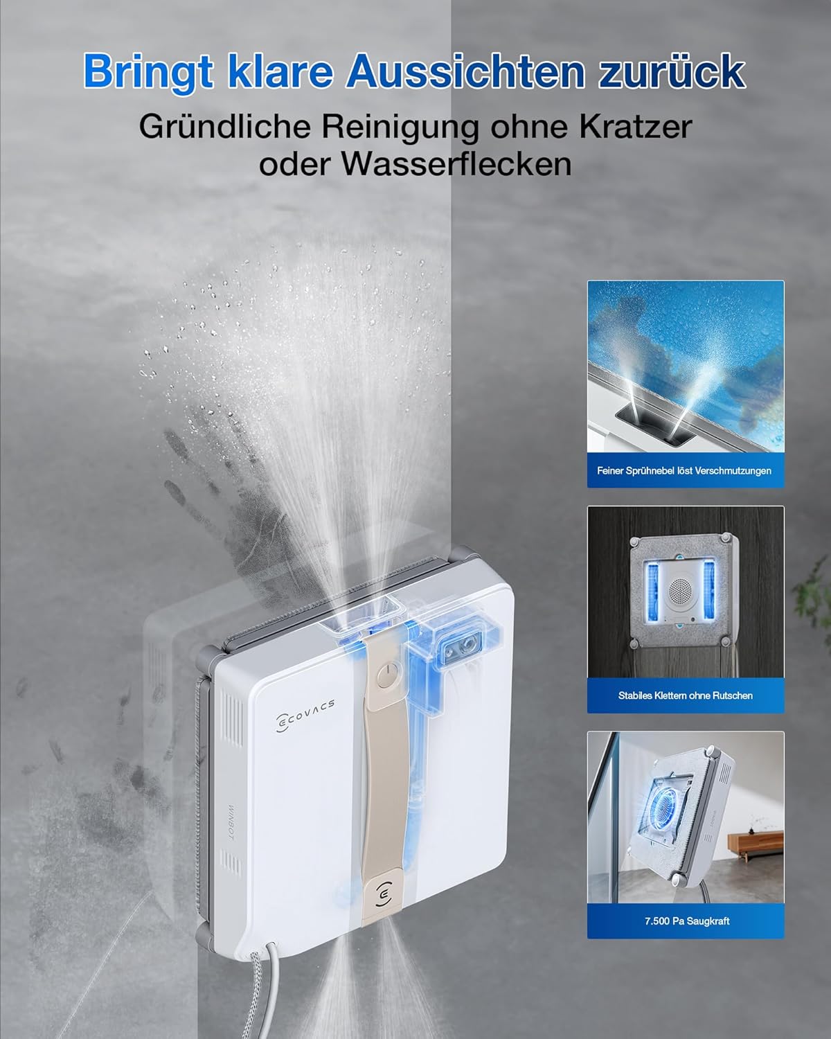 ECOVACS WINBOT MINI Fensterputzroboter, kompaktes Design, Doppel-Düsen mit Ultraschall-Zerstäubung, 9-Stufen-Schutzsystem, intelligente Pfadplanung, 4 Reinigungsmodi, Anti-Rutsch-System, Weiß