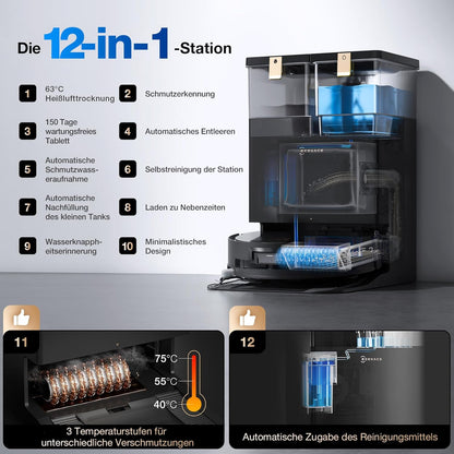 ECOVACS DEEBOT X8 PRO Omni Saugroboter mit Wischfunktion, OZMO Roller mit kontinuierliches Wischen & Selbstreinigung, 18.000 Pa, 12-in-1 Station, 40–75 °C Heißwasser-Moppreinigung, YIKO-GPT