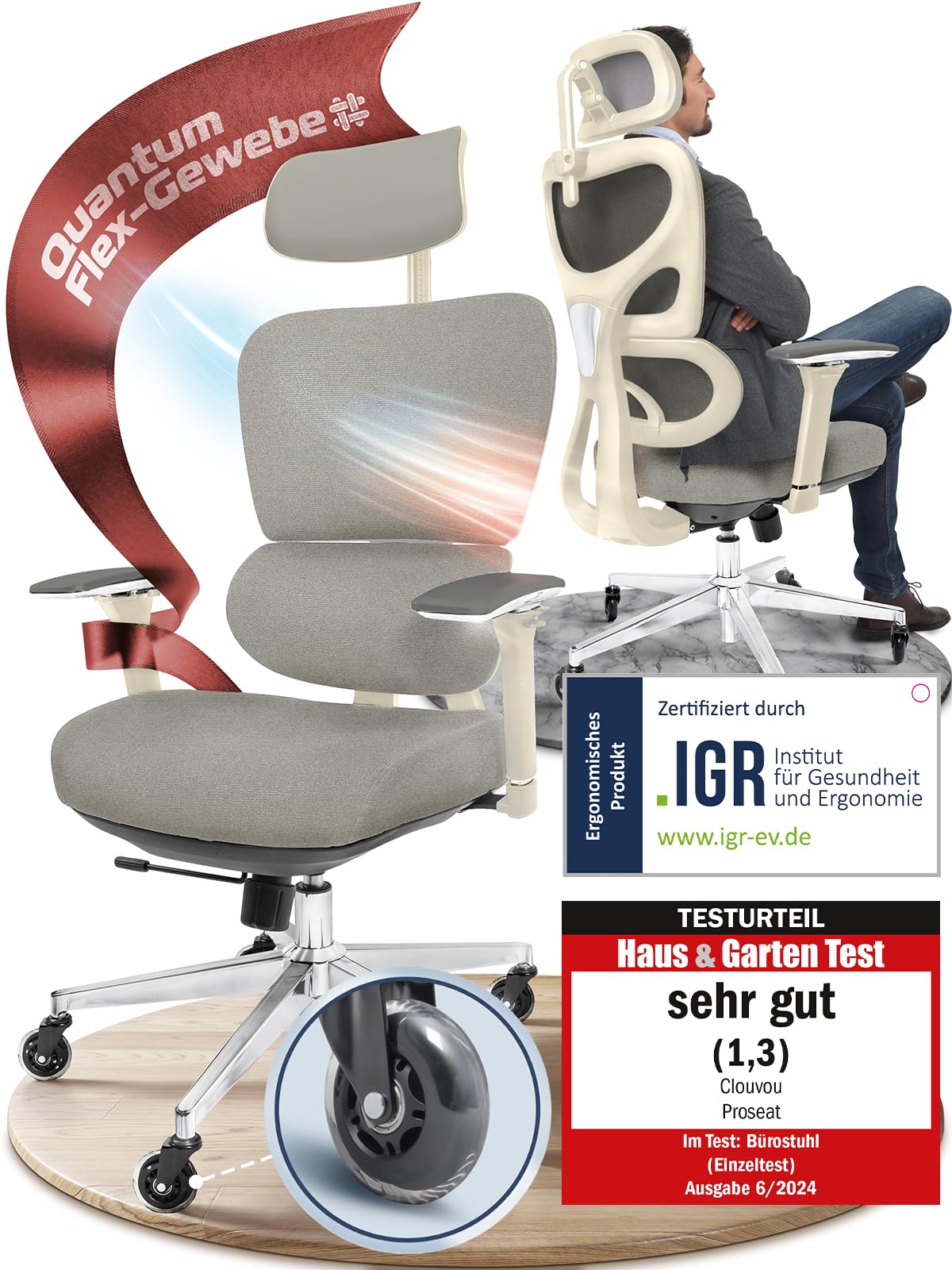 CLOUVOU CleverSeat Bürostuhl Ergonomisch [TESTSIEGER] Schreibtischstuhl 100% individuell einstellbar | Büro Stuhl & Gaming Stuhl | Computerstuhl Home Office Chair Ergonomic | Drehstuhl 150 kg