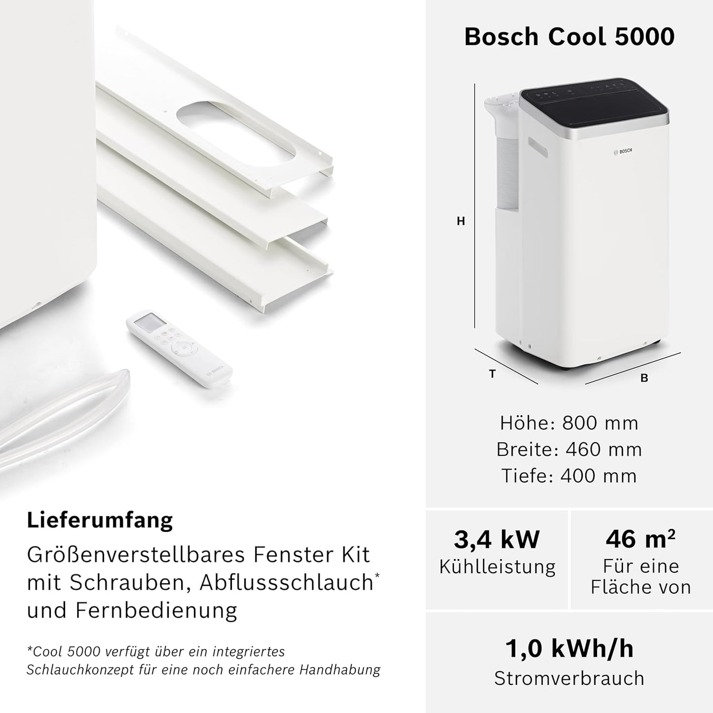 Bosch Cool 5000 Mobiles Klimagerät - 3-in-1 Klimaanlage, Luftentfeuchter, Ventilator - 3,4 kW für Räume bis zu 46 m² - Mit Auto-Modus, Silent-Modus & Sleep-Modus