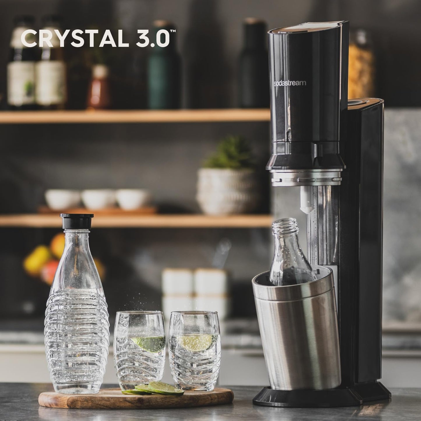 SodaStream Wassersprudler CRYSTAL 3.0 mit Quick-Connect CO2-Zylinder| inkl. 2x 0,8L CRYSTAL Glasflasche | Farbe: Titan