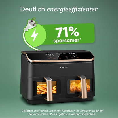 COSORI Heißluftfritteuse 2 Kammern, Airfryer Testsieger der Stiftung Warentest, 6-in-1 Dual Zone Air fryer 8,5 L, Heissluftfritteuse Doppelkammer mit Sichtfenster, energiesparend