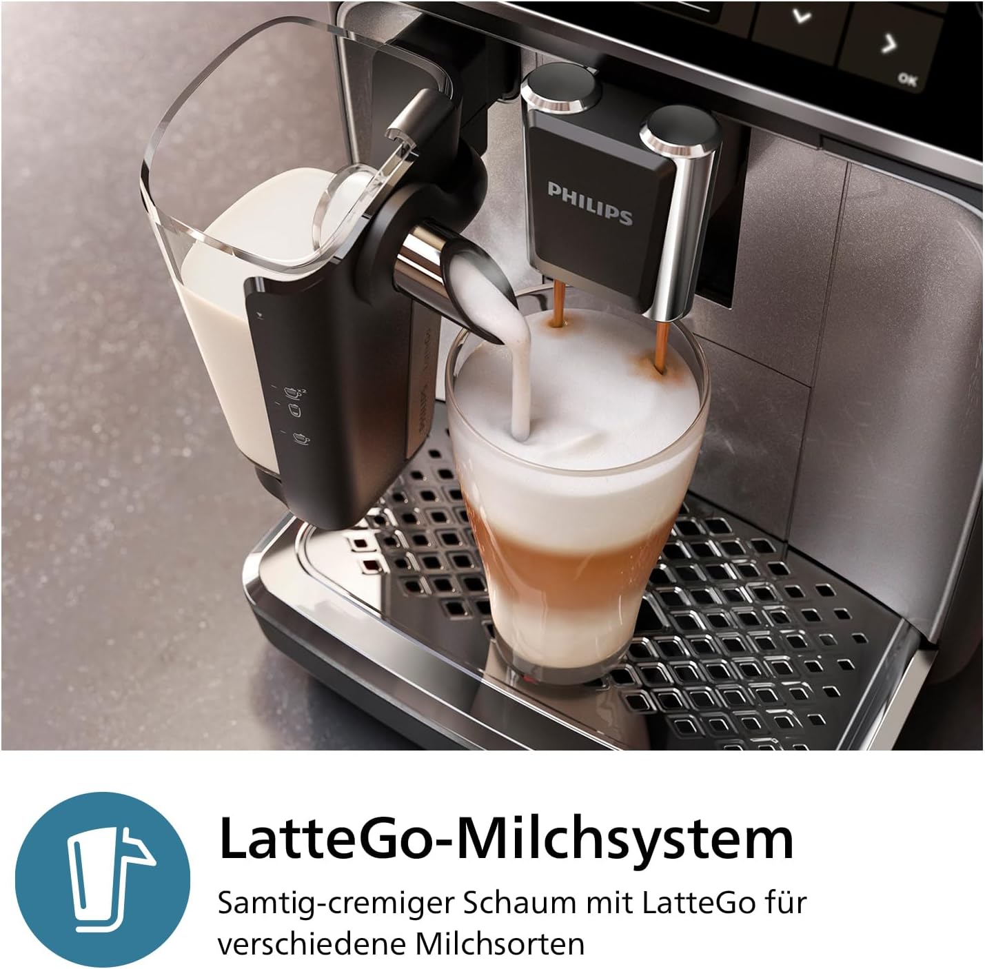 Philips 3300 Series Kaffeevollautomat - 6 Getränke, Modernes Farb-Touchscreen-Display, LatteGo-Milchsystem, SilentBrew, 100% Keramikmahlwerk, AquaClean Filter. Schwarzchrom (EP3347/90)