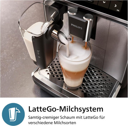 Philips 3300 Series Kaffeevollautomat - 6 Getränke, Modernes Farb-Touchscreen-Display, LatteGo-Milchsystem, SilentBrew, 100% Keramikmahlwerk, AquaClean Filter. Schwarzchrom (EP3347/90)