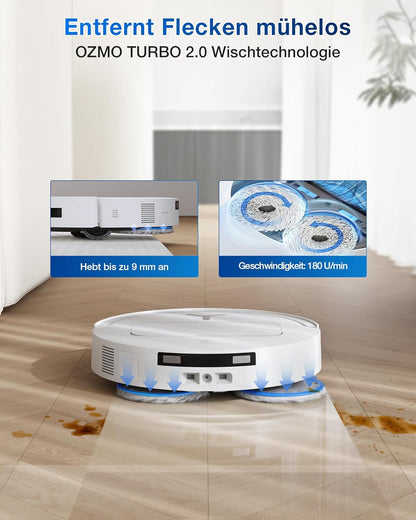 ECOVACS DEEBOT T50 Omni Saugroboter mit Wischfunktion,15.000 Pa, T30 Omni-Upgrade, Ausziehbare Seitenbürste und Mopp, ZeroTangle 2.0, Moppwäsche mit 75°C heißem Wasser, All-in-One Station