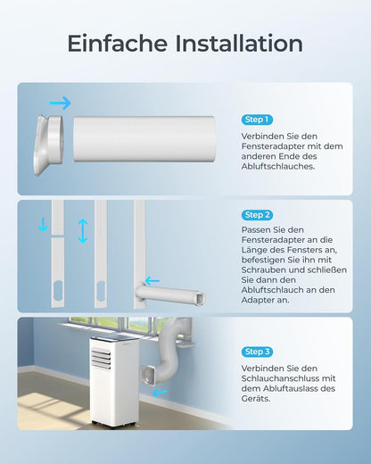 Mobile Klimaanlage 9000 BTU mit Abluftschlauch | 4-in-1 Mobiles Klimagerät | Leiser Betrieb <48 dB | Digitaldisplay + Fernbedienung | Fenster-Installationsset | 24h-Timer | Für Räume bis 25 m²