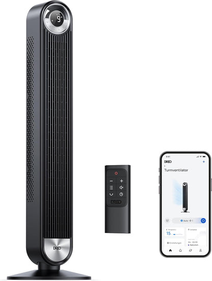Dreo Smart Leiser Turmventilator mit Kühlung, 106cm WiFi Alexa Tower Fan, 90° oszillierender Ventilator, Fernbedienung 9-Geschwindigkeit 4 Modi 12 Std Timer Sprachsteuerung, Cruiser Pro T2S, Schwarz