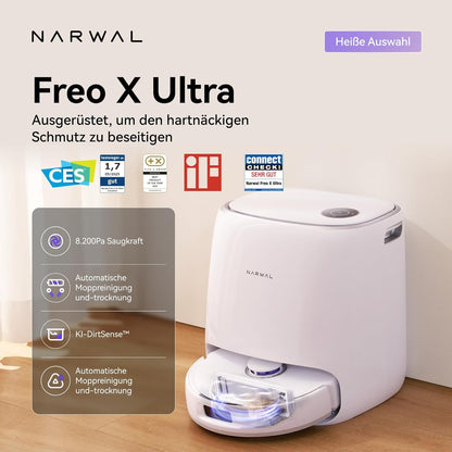 NARWAL Freo X Ultra Saugroboter mit Wischfunktion, Wischroboter Selbstreinigend mit 8.200 Pa Saugkraft, All-in-One-Station, Verwicklungsfrei, DirtSense, 3D-Strukturlicht, Staubaufbewahrung