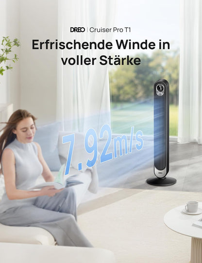 Dreo 20dB Turmventilator Leiser, 9M Windentfernung Ventilator mit Kühlung Fernbedienung, 6 Geschwindigkeitstufen 4 Modi, 90° Oszillierender Stand Ventilatoren für Schlafzimmer, Tower Fan mit 12H Timer