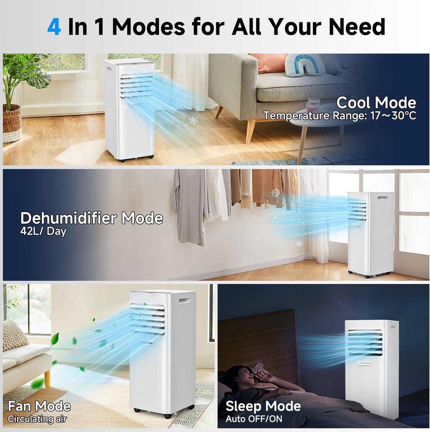 Klimaanlage Mobil 9000 BTU, LEENON Mobil Klimagerät 4 in 1 Kühlen Entfeuchten Ventilato& Schlafmodus, 2.6KW Mobile Klimaanlage mit Abluftschlauch, Fernbedienung/24h Time für Zuhause Bür bis zu 35 m²