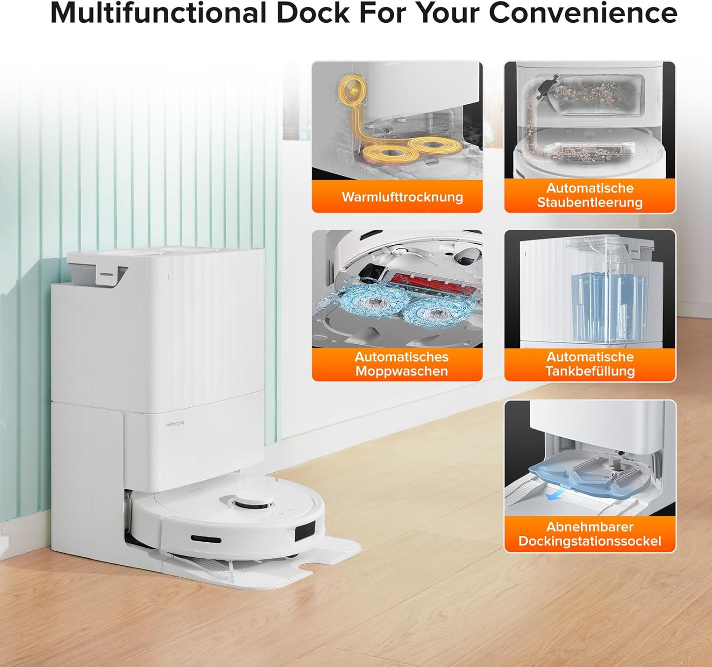 roborock Qrevo Saugroboter mit Wischfunktion, 5500Pa Saugkraft, 3D-Kartierung, Doppeldrehmopps Wischroboter automatische Wasser-Befüllung, Entleerung, Staubbeutel-Entleerung, Reinigung(Weiß)