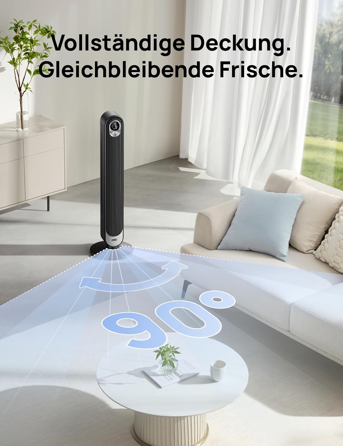 Dreo 20dB Turmventilator Leiser, 9M Windentfernung Ventilator mit Kühlung Fernbedienung, 6 Geschwindigkeitstufen 4 Modi, 90° Oszillierender Stand Ventilatoren für Schlafzimmer, Tower Fan mit 12H Timer