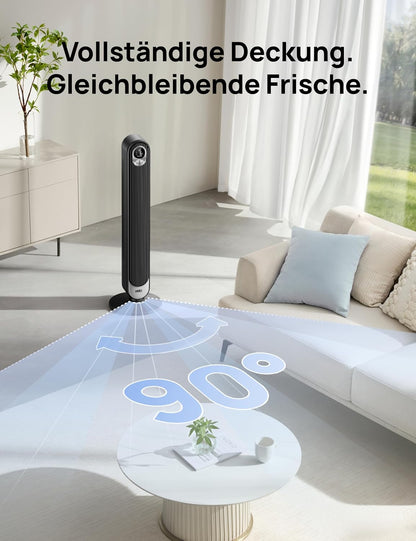 Dreo 20dB Turmventilator Leiser, 9M Windentfernung Ventilator mit Kühlung Fernbedienung, 6 Geschwindigkeitstufen 4 Modi, 90° Oszillierender Stand Ventilatoren für Schlafzimmer, Tower Fan mit 12H Timer