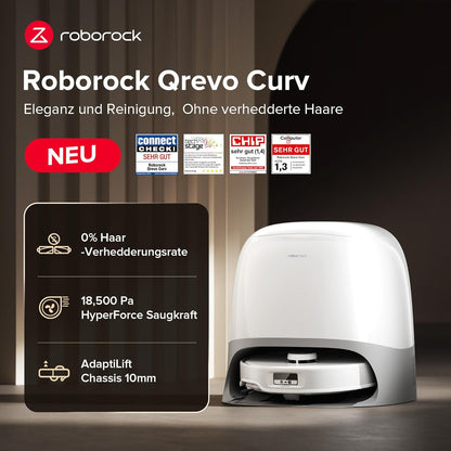roborock Qrevo Curv Saugroboter mit Wischfunktion&Hebarem Wischmopp, Dual Anti-Tangle-System, AdaptiLift™ Chassis, 18.500Pa, 75℃ Heißwasser-Moppwäsche, Intelligente Schmutzerkennung&Sprachassistent