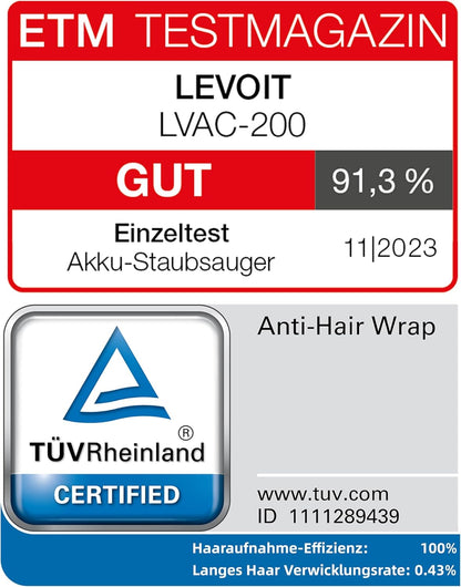 Levoit - Akku Staubsauger mit Tierhaardüse - Anti Haar Wrap - 4-in-1 Kabelloser Akkustaubsauger - 99,9 Prozent Filterleistung - Beutelloser Akkusauger für Teppich/Hartböden/Auto - max 50 min Laufzeit
