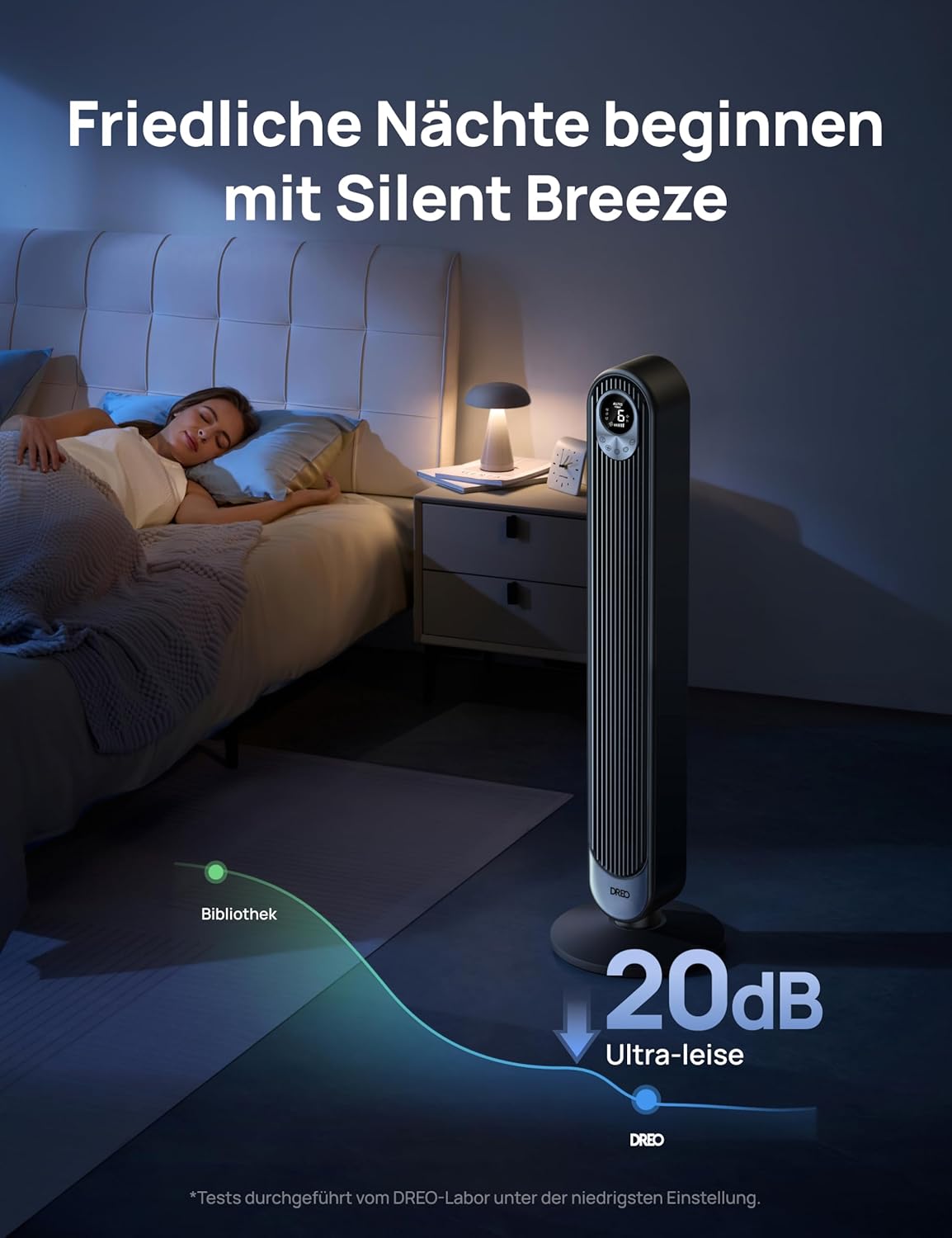 Dreo 20dB Turmventilator Leiser, 9M Windentfernung Ventilator mit Kühlung Fernbedienung, 6 Geschwindigkeitstufen 4 Modi, 90° Oszillierender Stand Ventilatoren für Schlafzimmer, Tower Fan mit 12H Timer