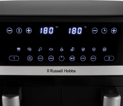 Russell Hobbs Heißluftfritteuse 2 Kammern 9L Rapid AirFryer [2 Fächer je 4,5l, sehr leiser Betrieb, 9 Programme] SatisFry Fritteuse (spülmaschinenfest, Match & Synchronisierungsfunktion) 27681-56