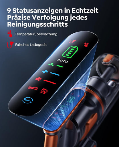 Fieety Akku Staubsauger, 45KPa/550W/60Min Staubsauger Kabellos mit Wandmontierte Ladestation, Aromatherapie, Automatikmodus, Touchscreen, 1M Ausziehbarer Schlauch für Hartböden Teppiche Tierhaare Auto