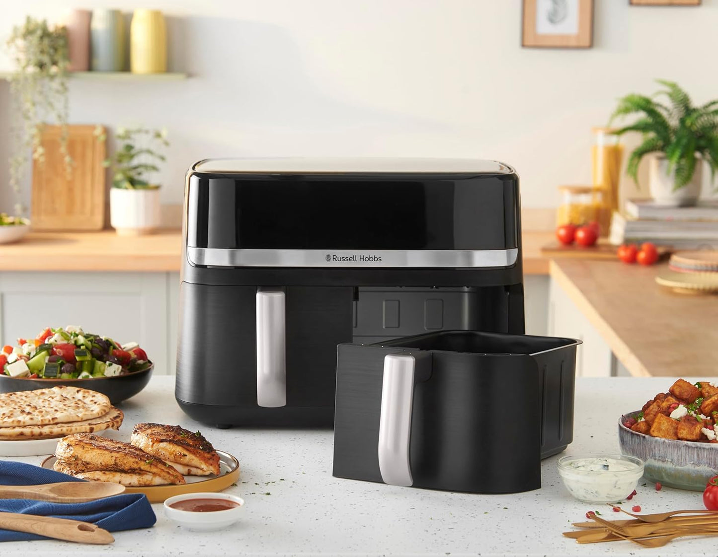 Russell Hobbs Heißluftfritteuse 2 Kammern 9L Rapid AirFryer [2 Fächer je 4,5l, sehr leiser Betrieb, 9 Programme] SatisFry Fritteuse (spülmaschinenfest, Match & Synchronisierungsfunktion) 27681-56