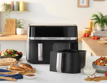 Russell Hobbs Heißluftfritteuse 2 Kammern 9L Rapid AirFryer [2 Fächer je 4,5l, sehr leiser Betrieb, 9 Programme] SatisFry Fritteuse (spülmaschinenfest, Match & Synchronisierungsfunktion) 27681-56