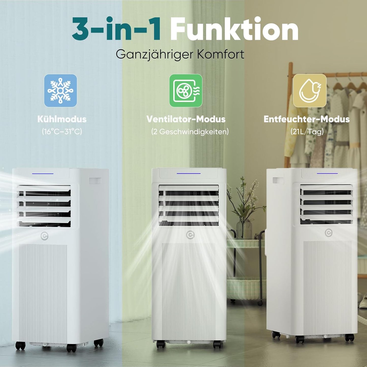 Klimaanlage Mobil 9000 BTU, 3-in-1 Mobile Klimaanlage mit Abluftschlauch,Kühlen,Entfeuchten, Luftzirkulation, LED Display&Fernbedienung, 24h-Timer, Leise&Energieeffizient, Für Räume bis zu 88 m³(33㎡)