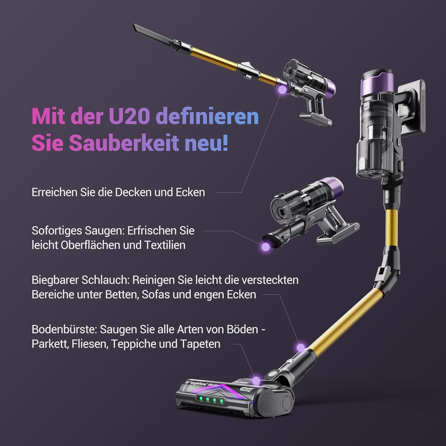 Ultenic U20 Akku Staubsauger, 55000Pa/ 600W/60Min Staubsauger Kabellos Mit Selbststehendes Design, Flexibles Biegegelenk, GreenEye-Technologie, Anti-Tangle Bodenbürste für Hartböden Teppiche Tierhaare