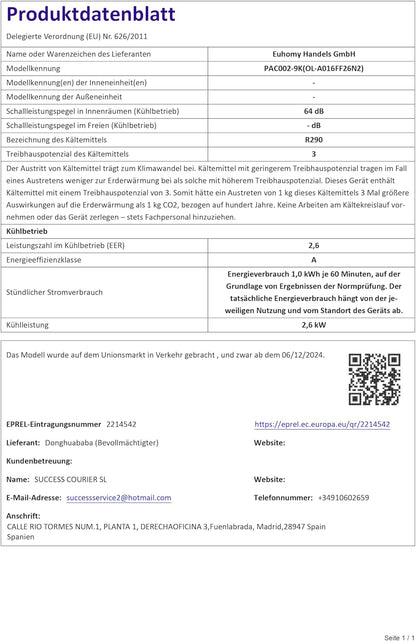 Mobile Klimaanlage 9000 BTU mit Abluftschlauch | 4-in-1 Mobiles Klimagerät | Leiser Betrieb <48 dB | Digitaldisplay + Fernbedienung | Fenster-Installationsset | 24h-Timer | Für Räume bis 25 m²