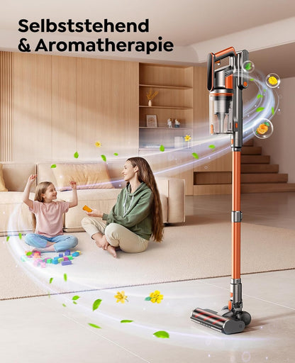 Fieety Akku Staubsauger, 45KPa/550W/60Min Staubsauger Kabellos mit Wandmontierte Ladestation, Aromatherapie, Automatikmodus, Touchscreen, 1M Ausziehbarer Schlauch für Hartböden Teppiche Tierhaare Auto