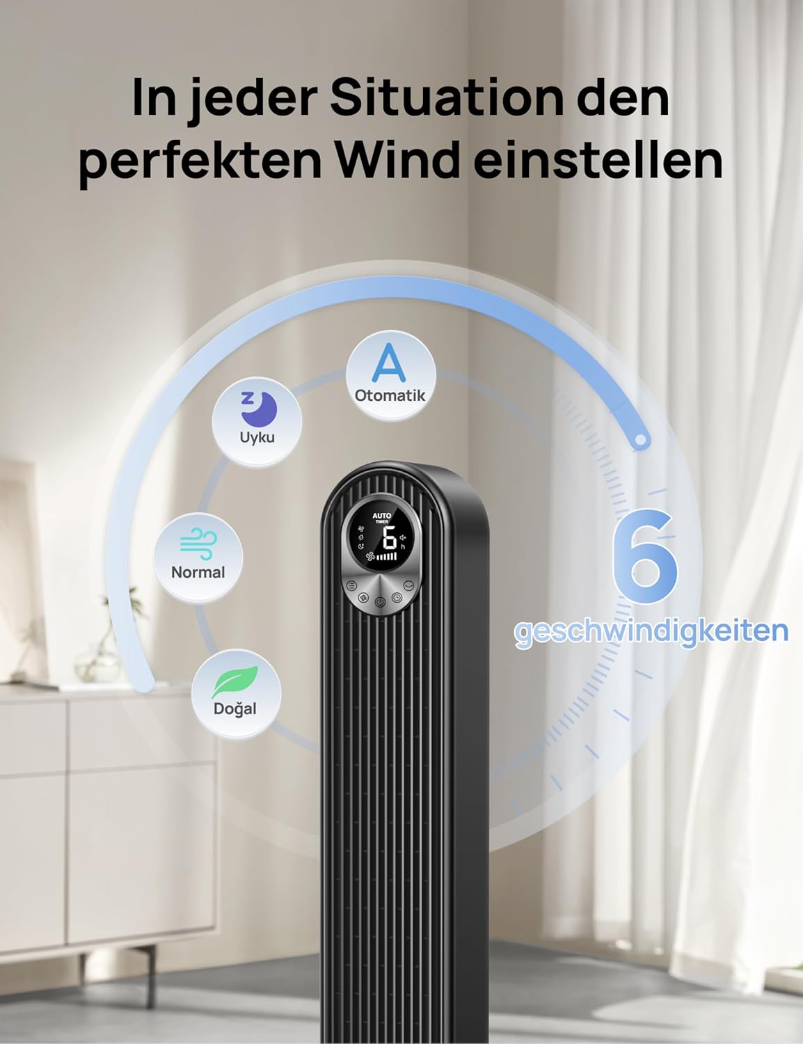 Dreo 20dB Turmventilator Leiser, 9M Windentfernung Ventilator mit Kühlung Fernbedienung, 6 Geschwindigkeitstufen 4 Modi, 90° Oszillierender Stand Ventilatoren für Schlafzimmer, Tower Fan mit 12H Timer