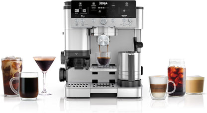 Ninja Luxe Premier 3-in-1-Kaffeemaschine mit Mahlwerk und Aufschäumer für Latte, Cappuccino, Cold Brew & Espresso, einfache Handhabung, 4 Voreinstellungen zum Aufschäumen, Silber, ES601EU