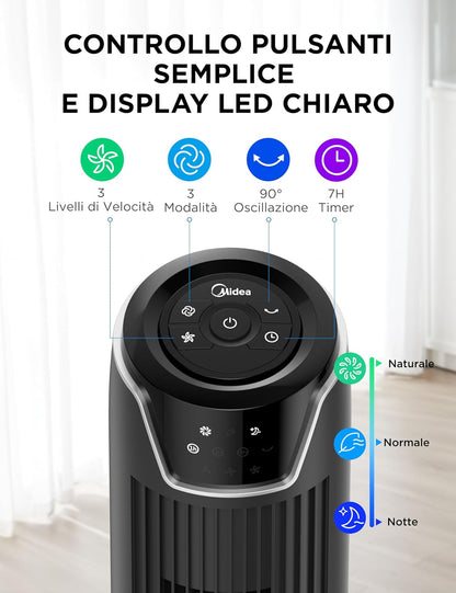 Midea FZ10-17JR Turmventilator Leise mit Fernbedienung 92CM, mobiler Lüfter,Ventilator Säulenventilator,7 Stunden Timer,3 Modi,3 Geschwindigkeiten,45W Standventilator,Schwarz